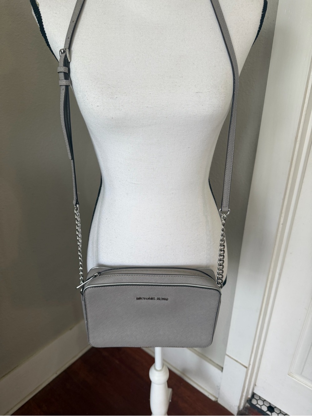 Michael Kors Light Gray Saffiano Crossbody Bag with Chain Strap